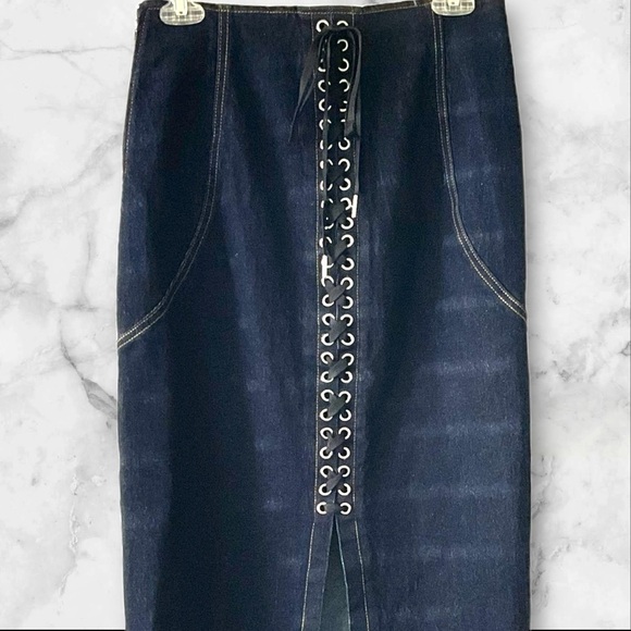 Forever 21 BLUE Denim Skirt Maxi Corset Tie Split Zipper Straight SZ S Women - Picture 5 of 7